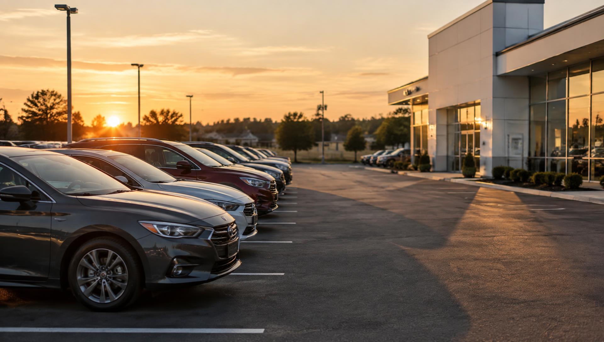 Family picking up the keys to a reconditioned vehicle at a DriveBridge lot at sunset